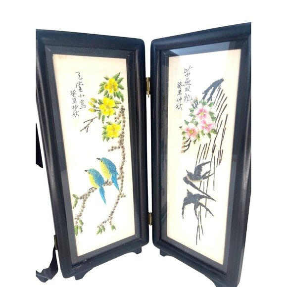 Japanese Asian 4 Panel Folding Screen Art Table Top Wall Hanging Shell Art Birds - Picture 3 of 12